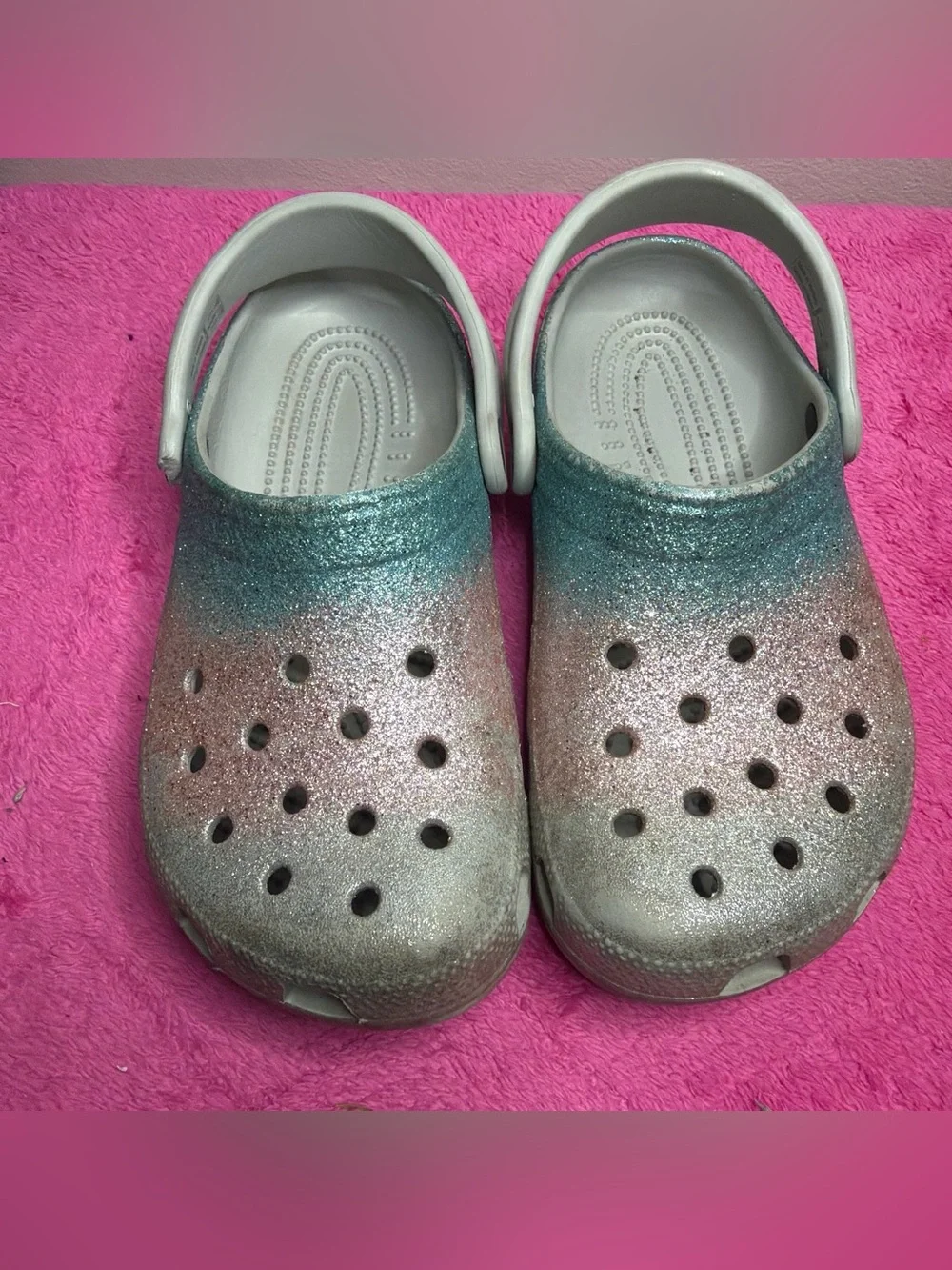 CROCS Kids Glitter Ombre Clogs in Pink, Teal & Silver